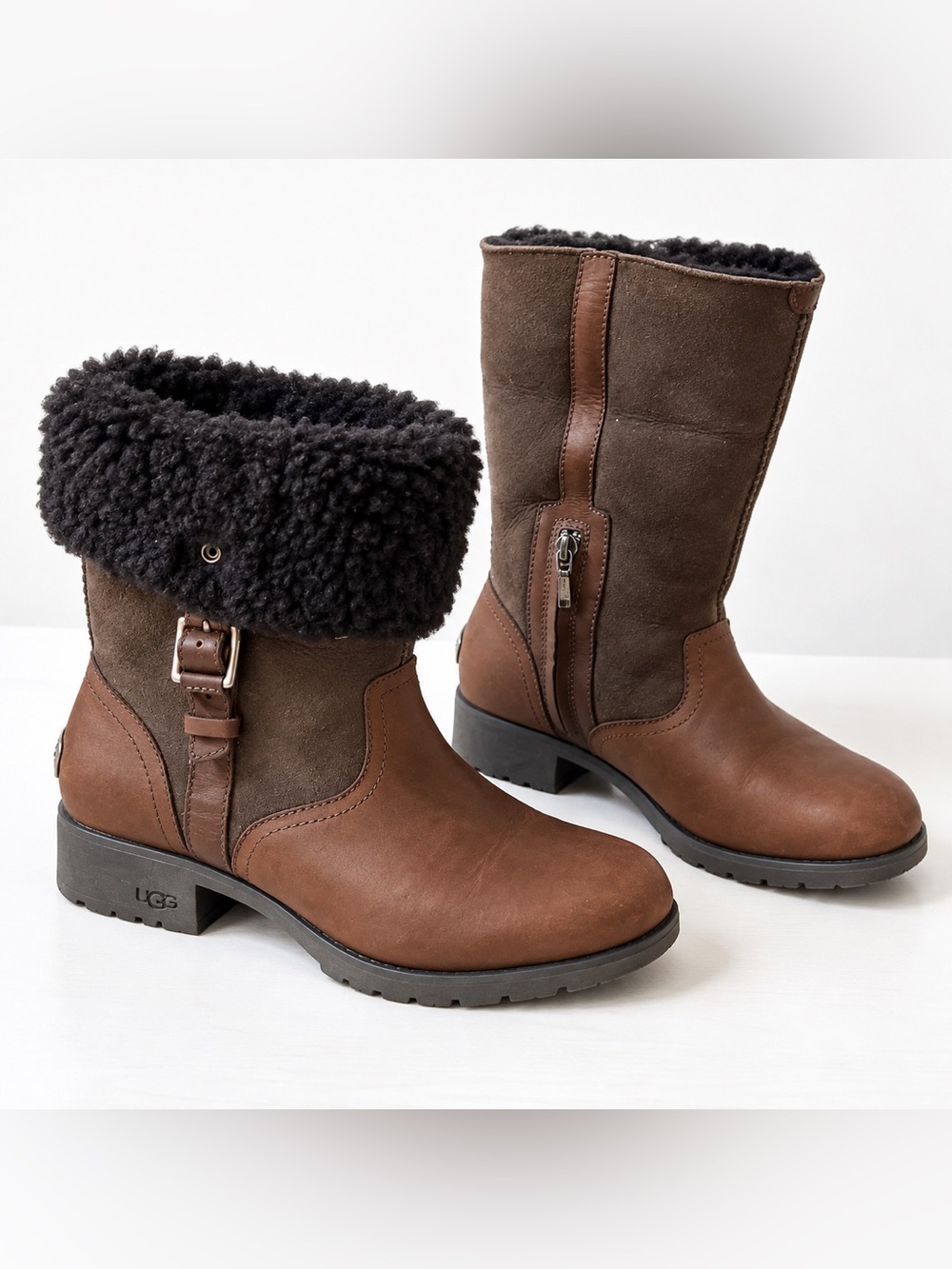 UGG Bellvue 1914 Brown Suede Shearling Moto Boots 6.5